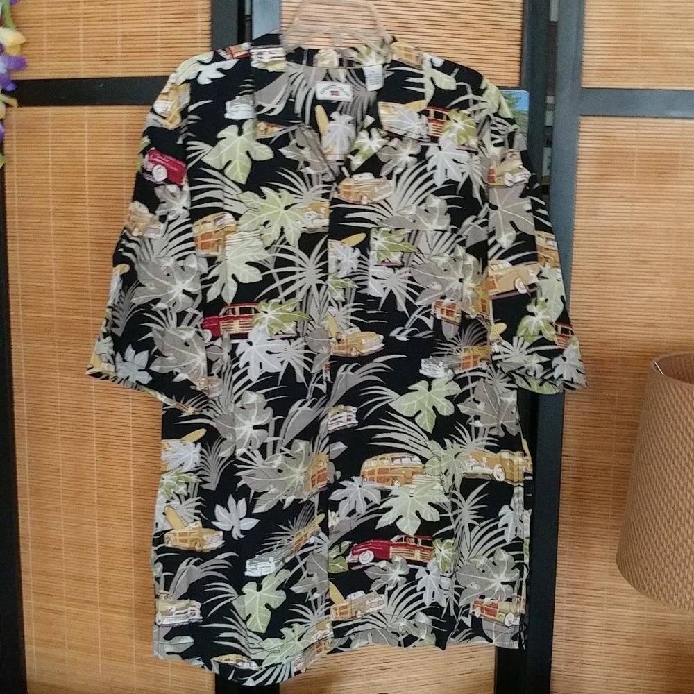 WOODY Wagons Hawaiian floral shirt XL black palm